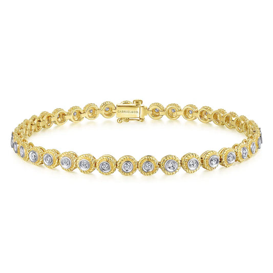 Gabriel & Co., 14K Yellow Gold Bezel Set Diamond Tennis Bracelet with Twisted Rope Frame