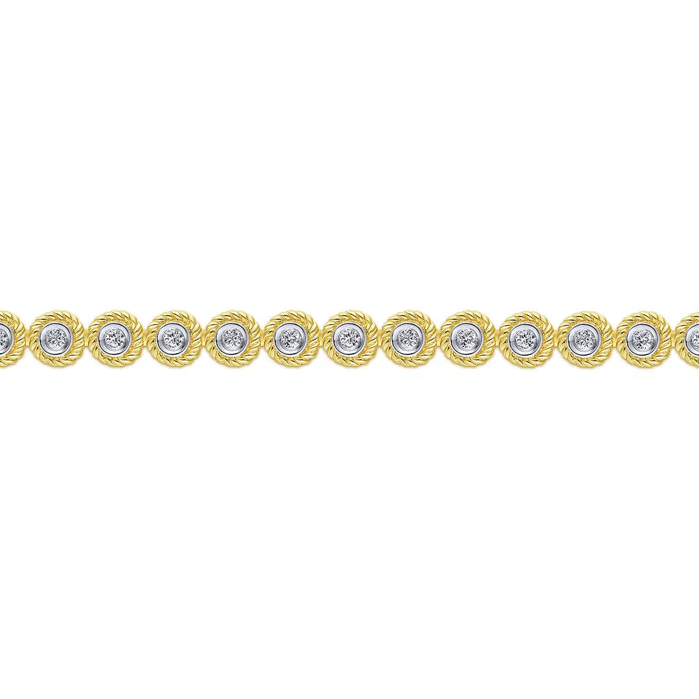 Gabriel & Co., 14K Yellow Gold Bezel Set Diamond Tennis Bracelet with Twisted Rope Frame