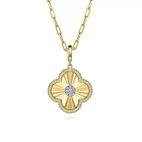 Gabriel & Co., 14K Yellow Gold Bujukan & Diamond Cut Diamond Clover Medallion Pendant