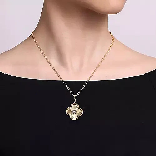 Gabriel & Co., 14K Yellow Gold Bujukan & Diamond Cut Diamond Clover Medallion Pendant