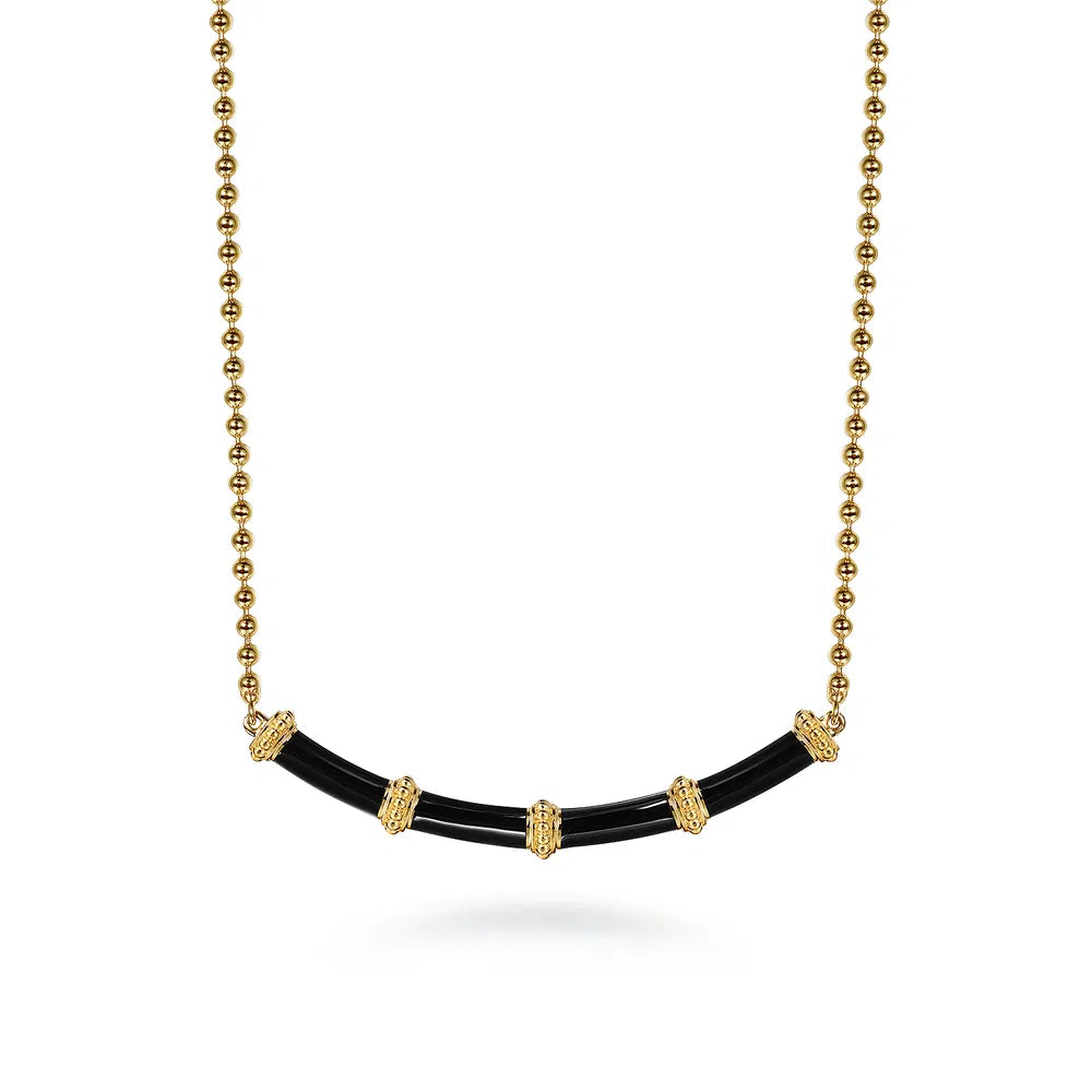 Gabriel & Co., 14K Yellow Gold Bujukan Bar Necklace with Black Enamel