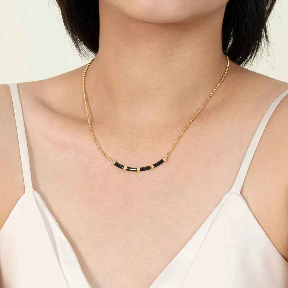Gabriel & Co., 14K Yellow Gold Bujukan Bar Necklace with Black Enamel