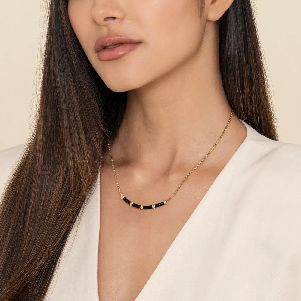 Gabriel & Co., 14K Yellow Gold Bujukan Bar Necklace with Black Enamel