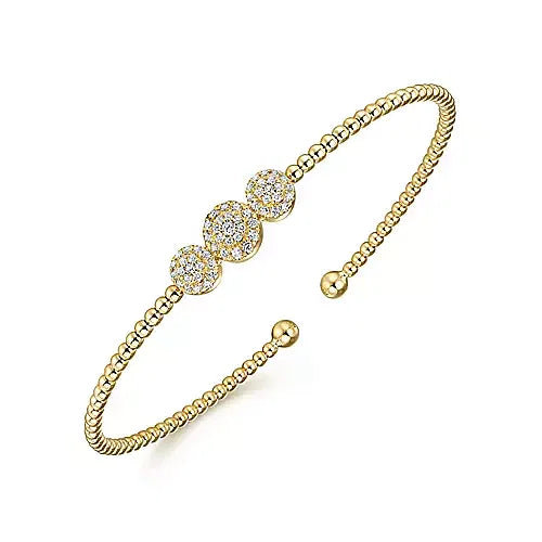 Gabriel & Co., 14K Yellow Gold Bujukan Bead Cuff Bracelet with Three Pave Diamond Stations