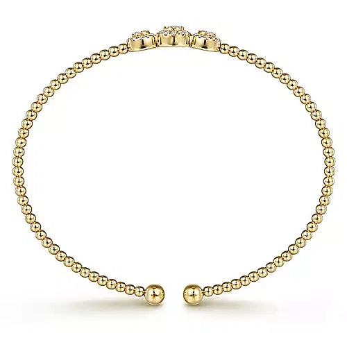 Gabriel & Co., 14K Yellow Gold Bujukan Bead Cuff Bracelet with Three Pave Diamond Stations