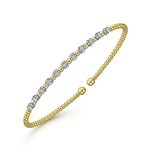 Gabriel & Co., 14K Yellow Gold Bujukan Bead Split Cuff Bracelet with Round White Gold Diamond Stations