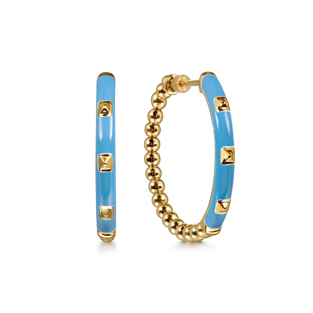 Gabriel & Co., 14K Yellow Gold Bujukan Beads Classic Hoop Pyramid Earrings with Dusk Blue Enamel