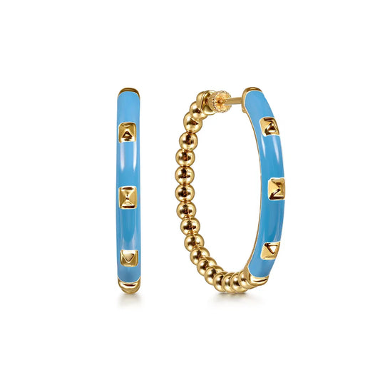Gabriel & Co., 14K Yellow Gold Bujukan Beads Classic Hoop Pyramid Earrings with Dusk Blue Enamel