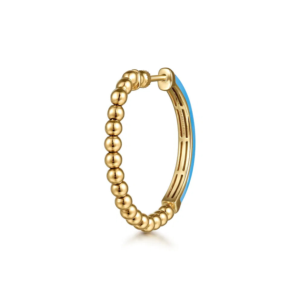 Gabriel & Co., 14K Yellow Gold Bujukan Beads Classic Hoop Pyramid Earrings with Dusk Blue Enamel
