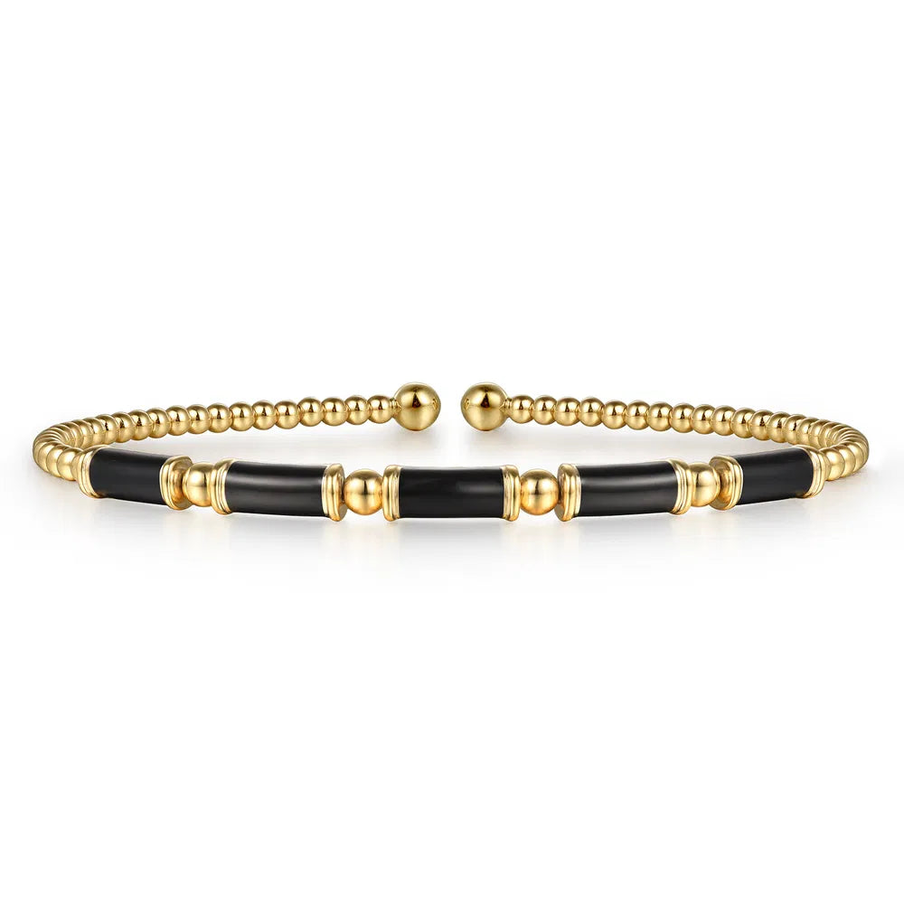 Gabriel & Co., 14K Yellow Gold Bujukan Beads Split Bangle Bracelet with Black Enamel