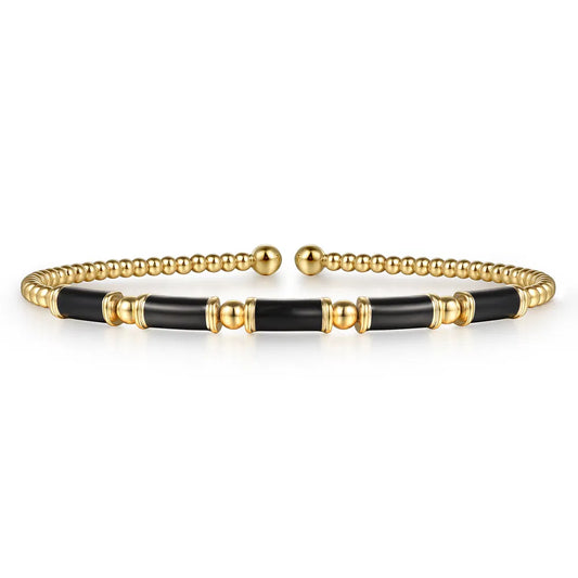Gabriel & Co., 14K Yellow Gold Bujukan Beads Split Bangle Bracelet with Black Enamel