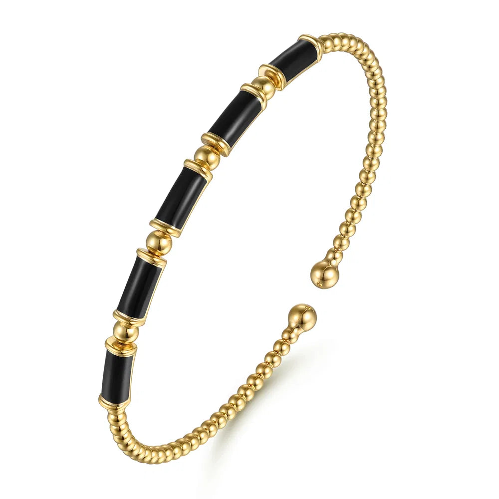 Gabriel & Co., 14K Yellow Gold Bujukan Beads Split Bangle Bracelet with Black Enamel