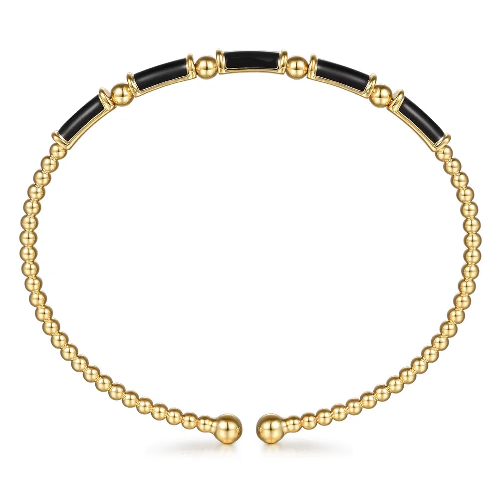 Gabriel & Co., 14K Yellow Gold Bujukan Beads Split Bangle Bracelet with Black Enamel