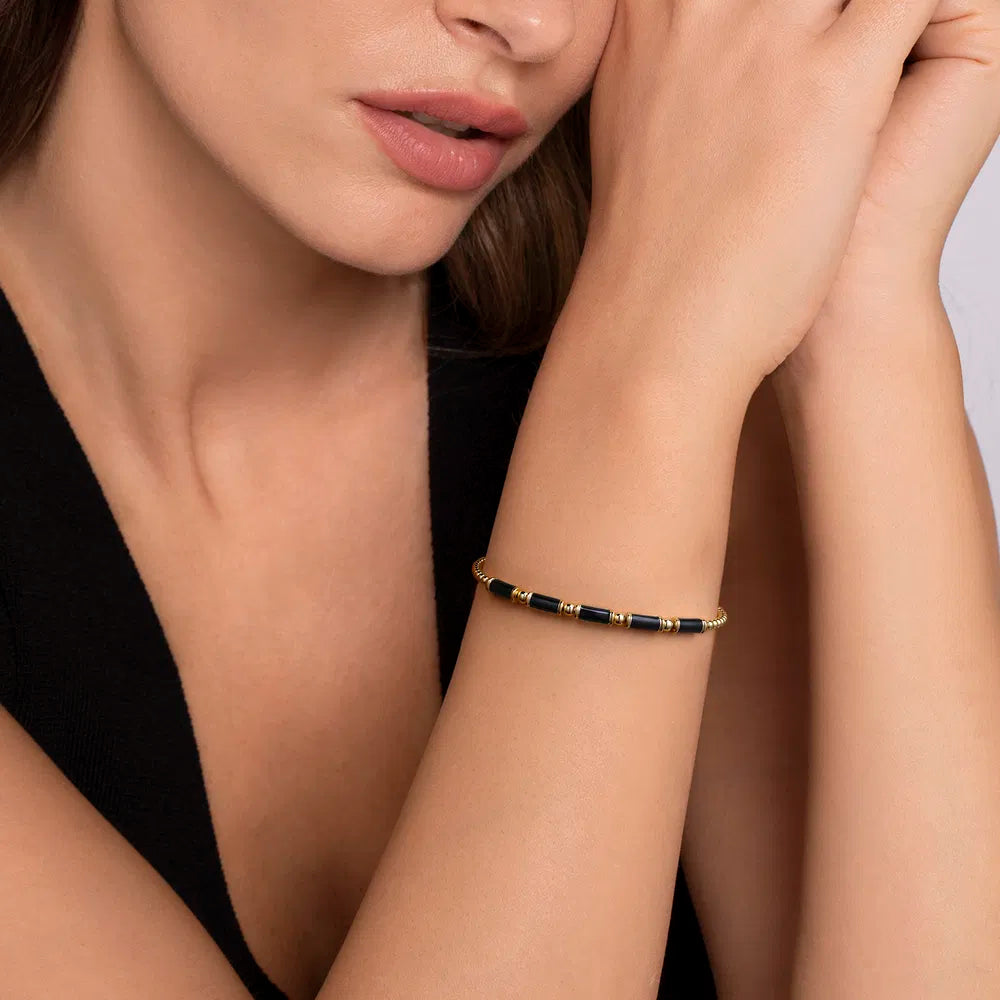 Gabriel & Co., 14K Yellow Gold Bujukan Beads Split Bangle Bracelet with Black Enamel