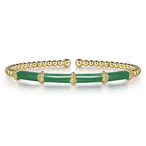 Gabriel & Co., 14K Yellow Gold Bujukan Beads Split Bangle with Green Enamel