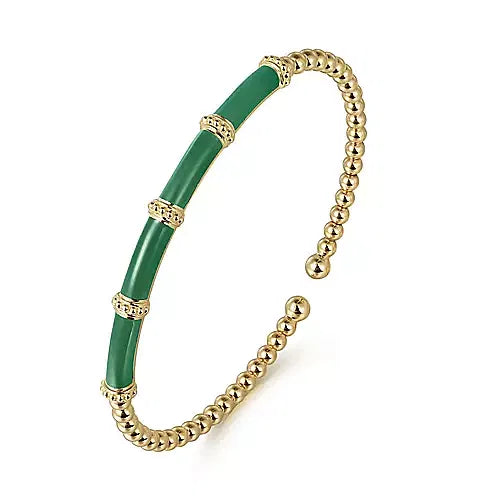 Gabriel & Co., 14K Yellow Gold Bujukan Beads Split Bangle with Green Enamel