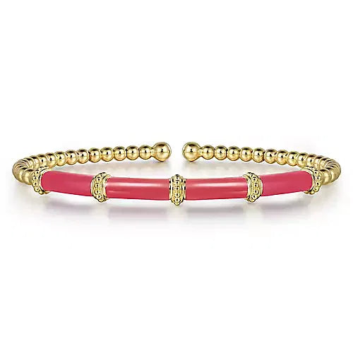 Gabriel & Co., 14K Yellow Gold Bujukan Beads Split Bangle with Pink Enamel