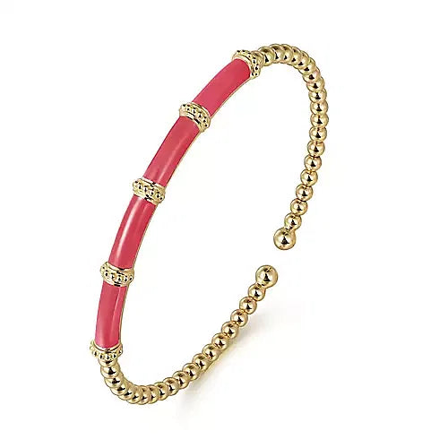 Gabriel & Co., 14K Yellow Gold Bujukan Beads Split Bangle with Pink Enamel