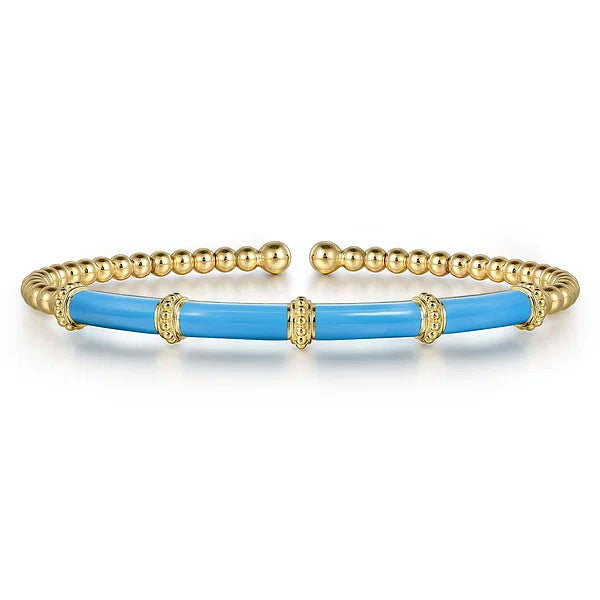 Gabriel & Co., 14K Yellow Gold Bujukan Beads Split Bangle with Sky Blue Enamel