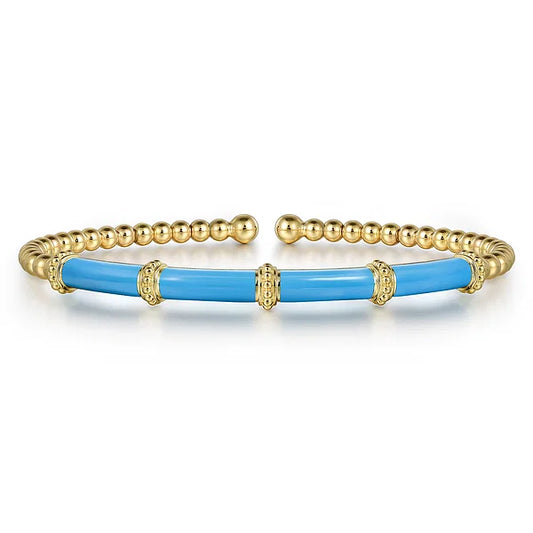Gabriel & Co., 14K Yellow Gold Bujukan Beads Split Bangle with Sky Blue Enamel