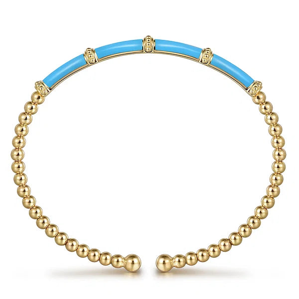 Gabriel & Co., 14K Yellow Gold Bujukan Beads Split Bangle with Sky Blue Enamel