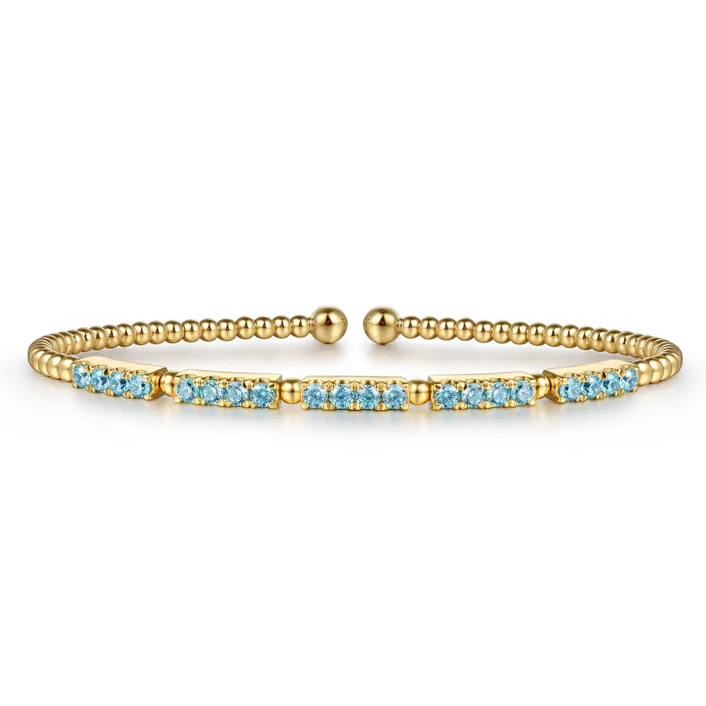 Gabriel & Co., 14K Yellow Gold Bujukan Beads and Blue Topaz Split Bangle Bracelet