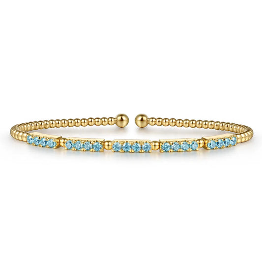 Gabriel & Co., 14K Yellow Gold Bujukan Beads and Blue Topaz Split Bangle Bracelet