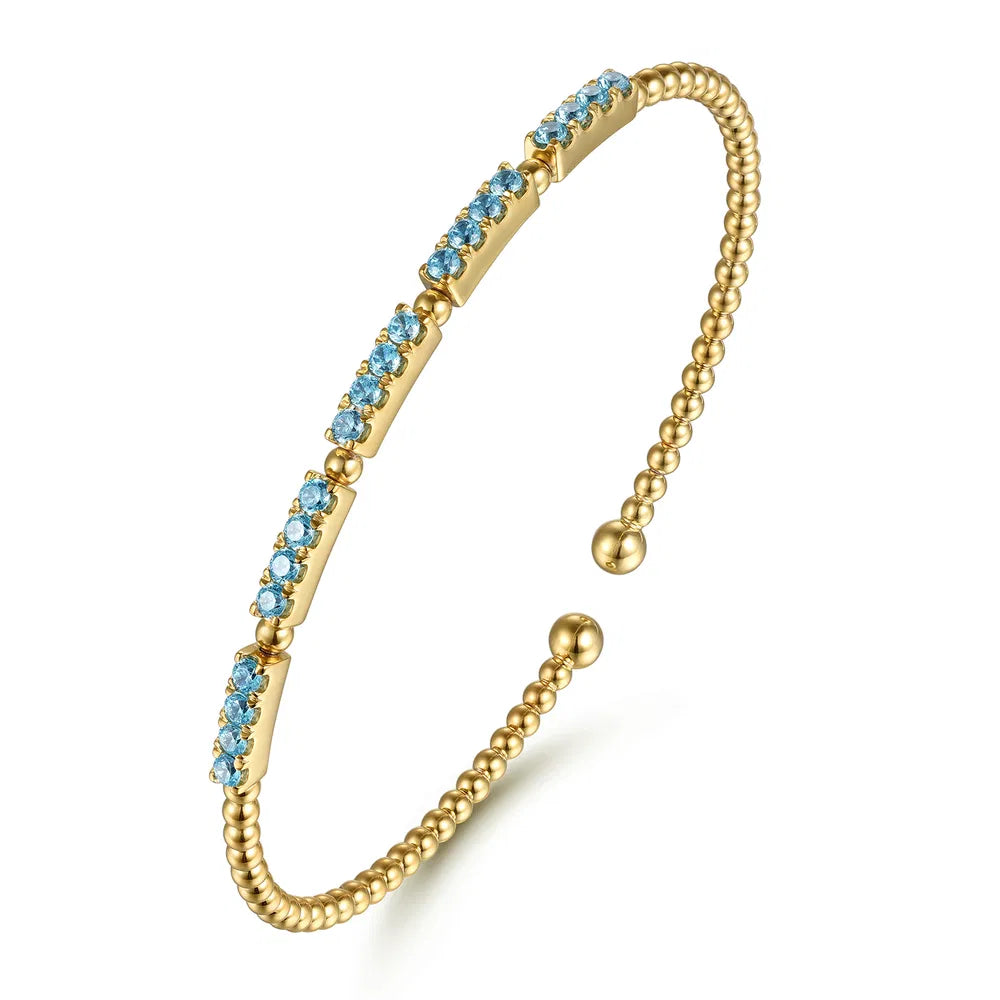 Gabriel & Co., 14K Yellow Gold Bujukan Beads and Blue Topaz Split Bangle Bracelet