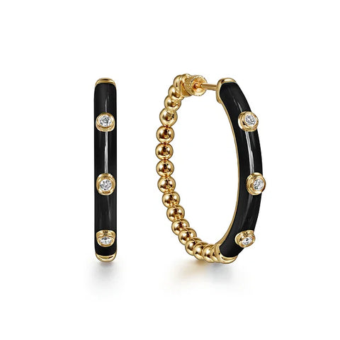Gabriel & Co., 14K Yellow Gold Bujukan Beads and Diamond Classic Hoop Earrings with Black Enamel
