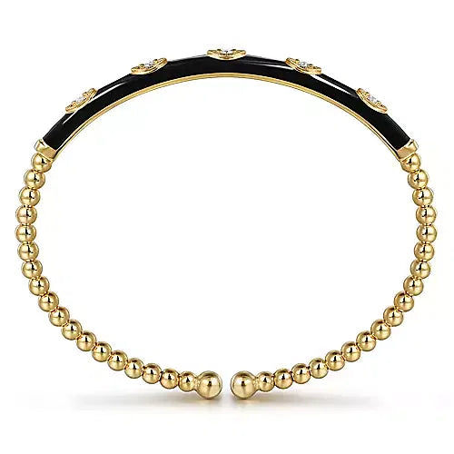 Gabriel & Co., 14K Yellow Gold Bujukan Beads and Diamond Split Bangle with Black Enamel