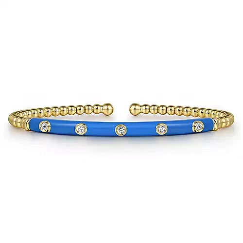 Gabriel & Co., 14K Yellow Gold Bujukan Beads and Diamond Split Bangle with Deep Blue Enamel