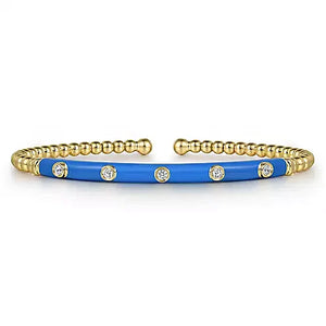 Gabriel & Co., 14K Yellow Gold Bujukan Beads and Diamond Split Bangle with Deep Blue Enamel