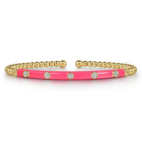 Gabriel & Co., 14K Yellow Gold Bujukan Beads and Diamond Split Bangle with Hot Pink Enamel
