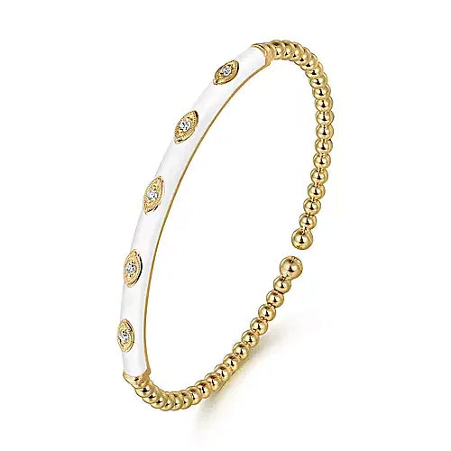 Gabriel & Co., 14K Yellow Gold Bujukan Beads and Diamond Split Bangle with White Enamel