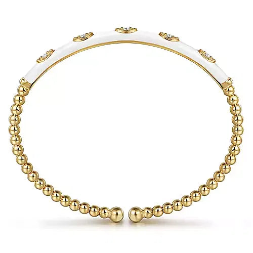 Gabriel & Co., 14K Yellow Gold Bujukan Beads and Diamond Split Bangle with White Enamel