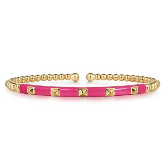 Gabriel & Co., 14K Yellow Gold Bujukan Beads and Pyramid Split Bangle with Fuchsia Enamel