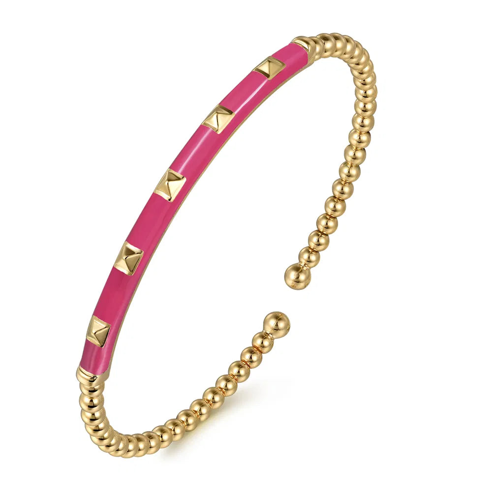 Gabriel & Co., 14K Yellow Gold Bujukan Beads and Pyramid Split Bangle with Fuchsia Enamel