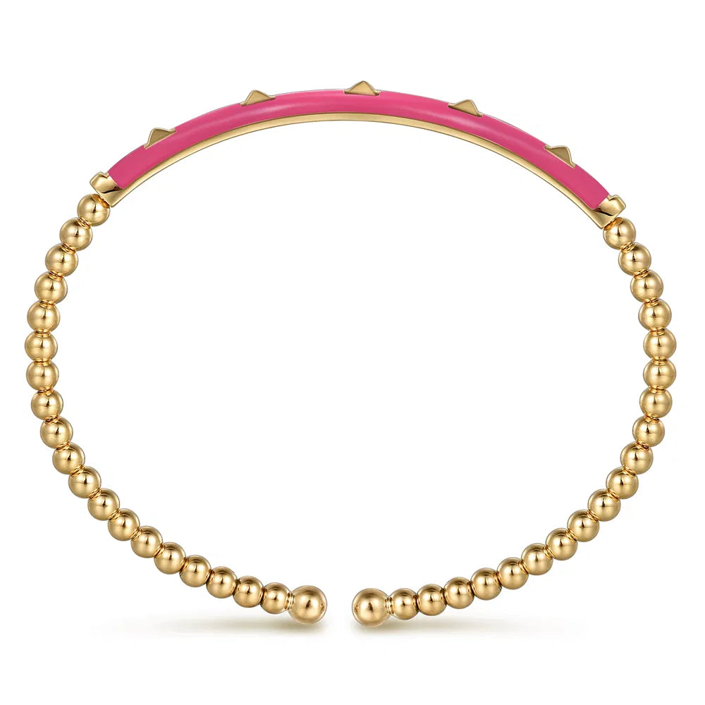 Gabriel & Co., 14K Yellow Gold Bujukan Beads and Pyramid Split Bangle with Fuchsia Enamel