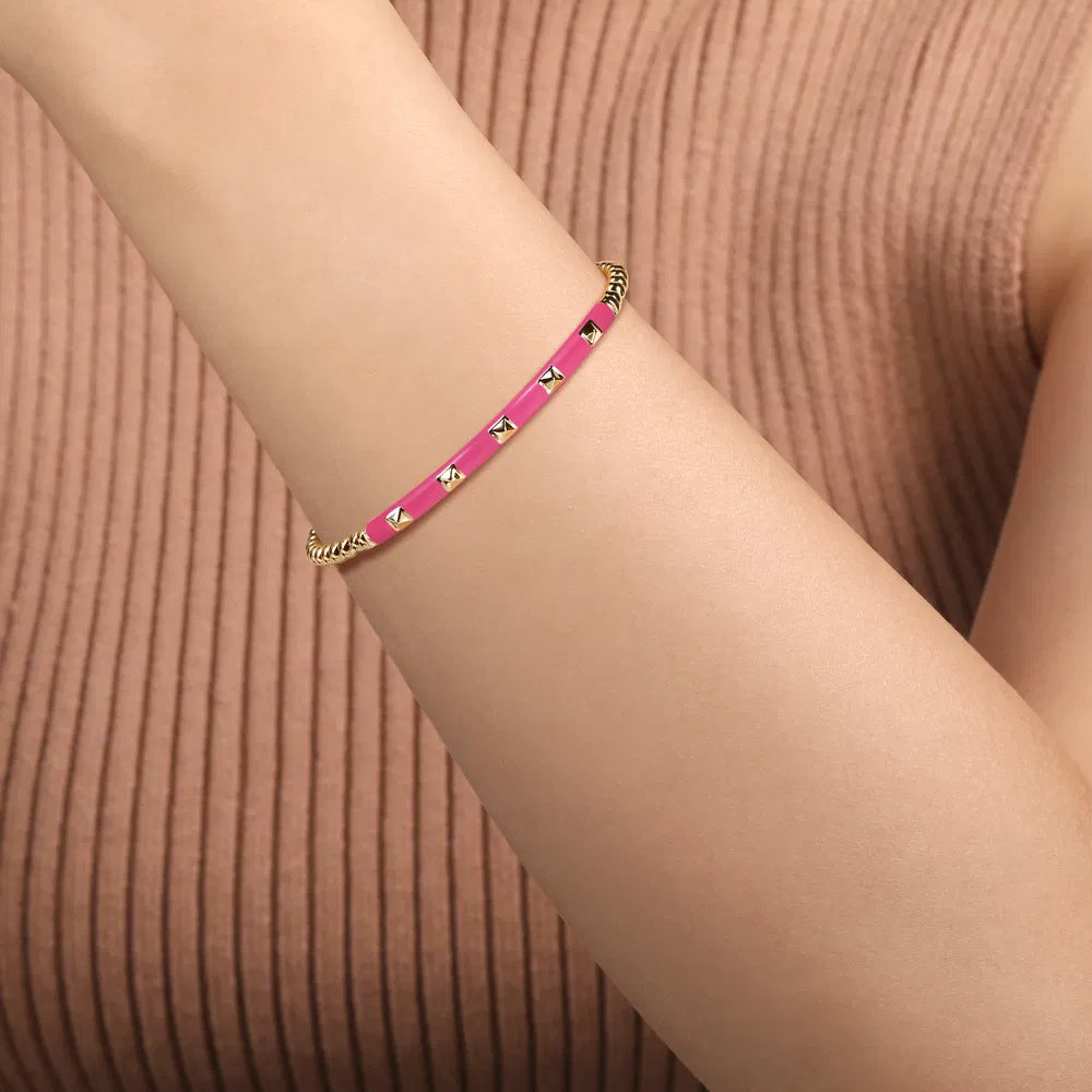 Gabriel & Co., 14K Yellow Gold Bujukan Beads and Pyramid Split Bangle with Fuchsia Enamel