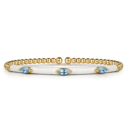 Gabriel & Co., 14K Yellow Gold Bujukan Blue Topaz Split Bangle with White Enamel