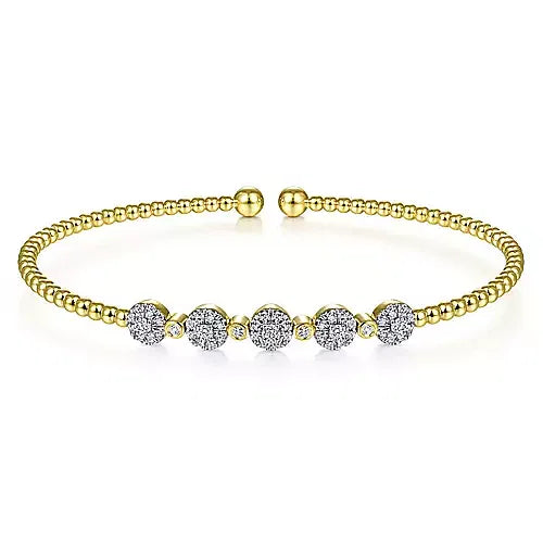 Gabriel & Co., 14K Yellow Gold Bujukan Cuff Bracelet with Pave Diamond Cluster Stations