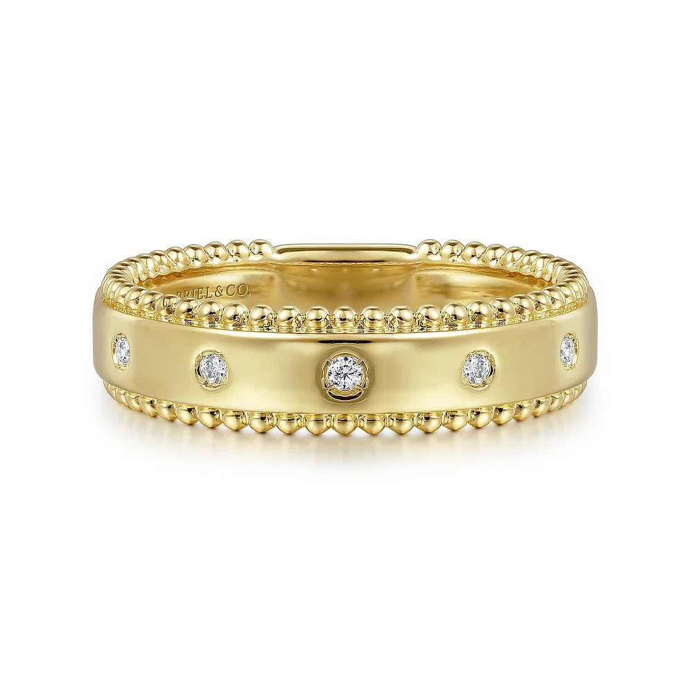 Gabriel & Co., 14K Yellow Gold Bujukan Diamond Bezel Wide Stackable Ladies Ring