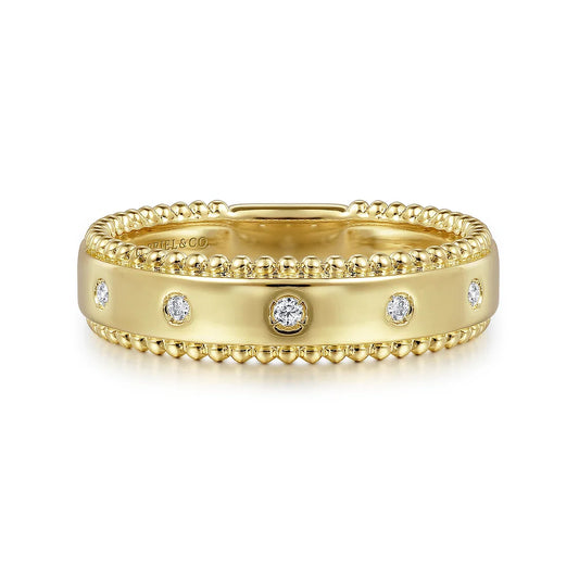Gabriel & Co., 14K Yellow Gold Bujukan Diamond Bezel Wide Stackable Ladies Ring