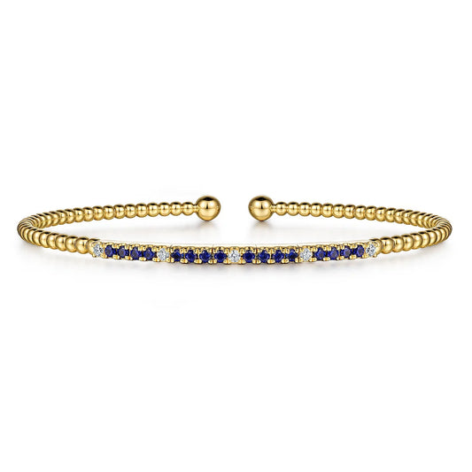 Gabriel & Co., 14K Yellow Gold Bujukan Diamond and Blue Sapphire Split Bangle