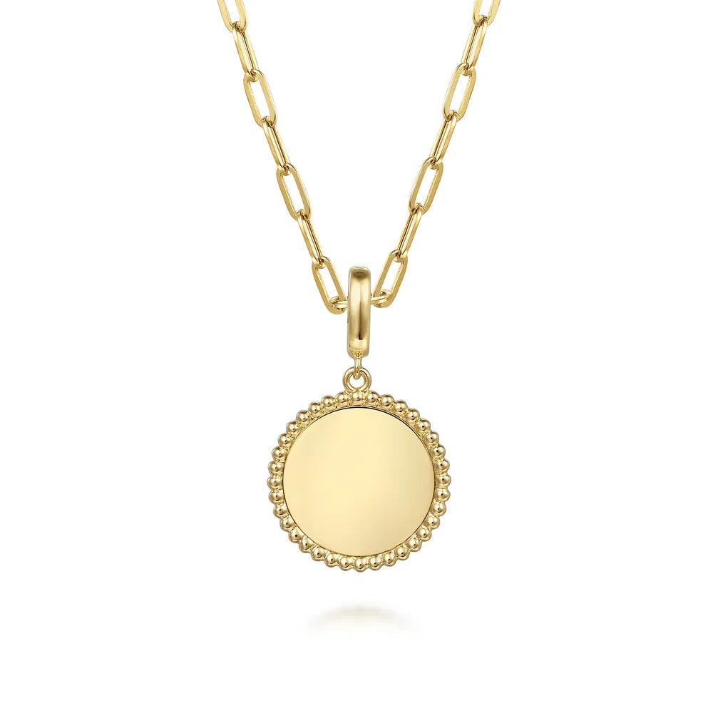 14K Gabriel & Co., 14K Yellow Gold Bujukan Round Personalized Medallion Pendant in size 18mm With Detachable Bail