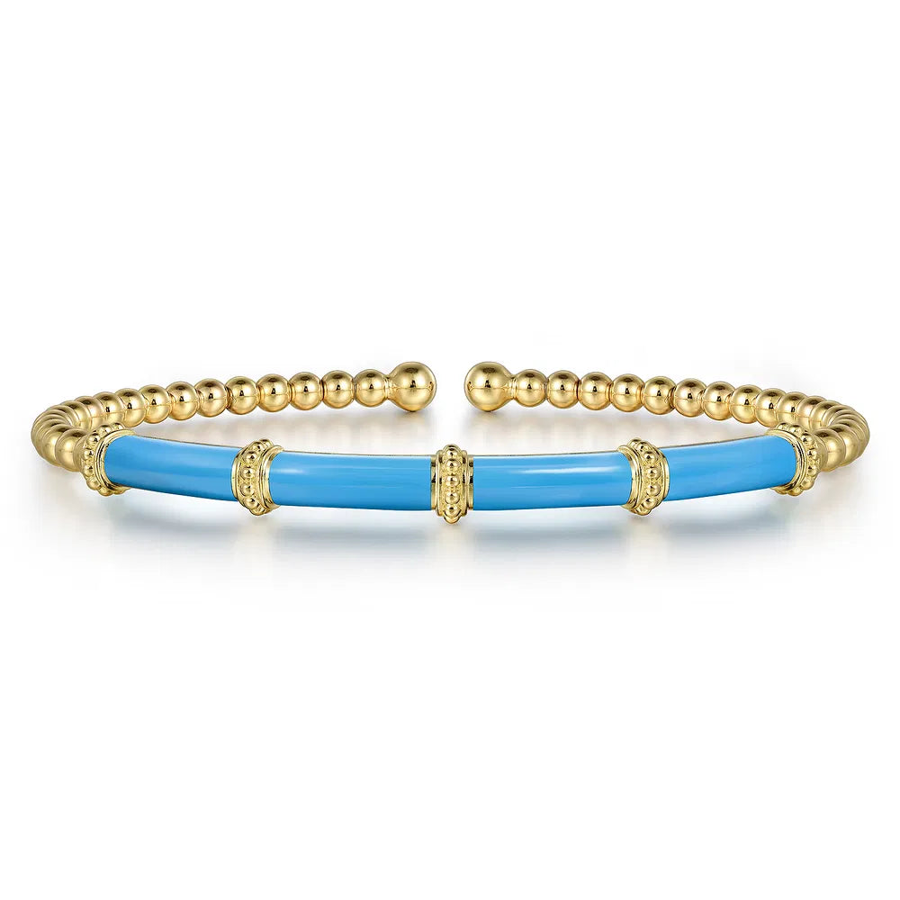 Gabriel & Co., 14K Yellow Gold Bujukan and Bar Split Bangle with Dusk Blue Enamel