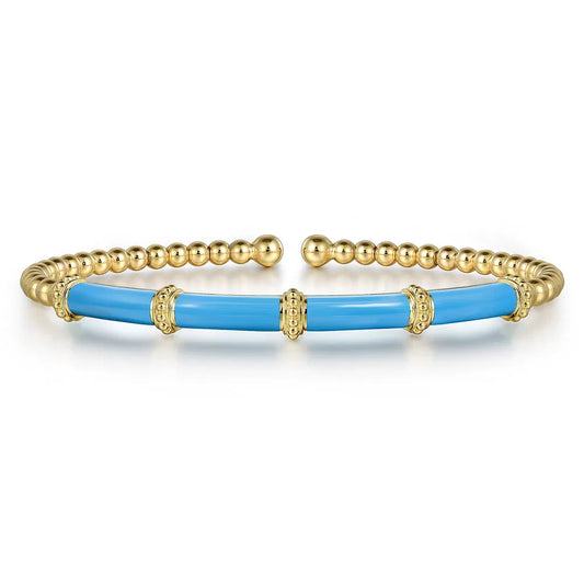 Gabriel & Co., 14K Yellow Gold Bujukan and Bar Split Bangle with Dusk Blue Enamel