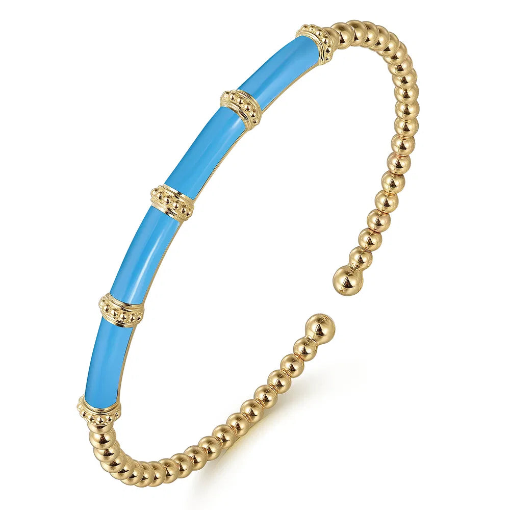 Gabriel & Co., 14K Yellow Gold Bujukan and Bar Split Bangle with Dusk Blue Enamel