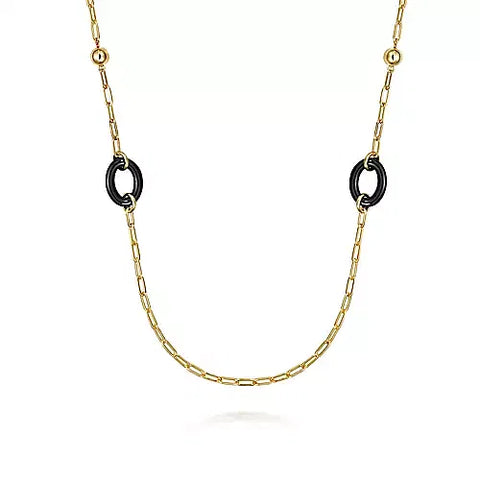 Gabriel & Co., 14K Yellow Gold Bujukan and Black Oval Ceramic Link Station Necklace