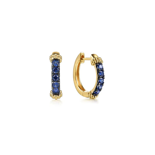 Gabriel & Co., 14K Yellow Gold Bujukan and Blue Sapphire Huggie Earrings